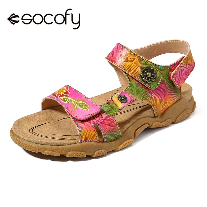 

SOCOFY Elegant Women Sandals Soft Genuine Shoes Hand Painted Flowers Pattern Retro Buckle Adjustable Hook Loop Summer Shoes