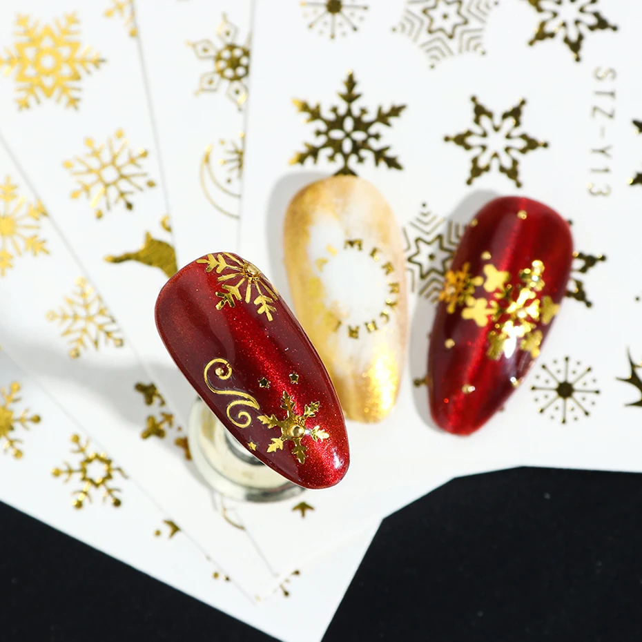 Золотые и серебряные наклейки для ногтей на Хэллоуин Набор цветных снежинок