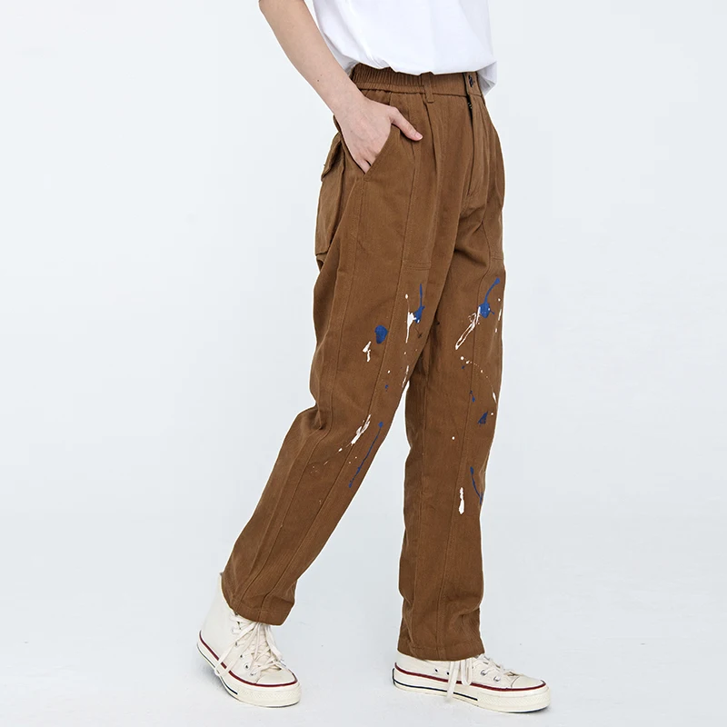 

Painted Pocket Straight Cargo Pants Mens Streetwear Elastic Waist Oversize Baggy Casual Trousers Retro Hip Hop Overalls