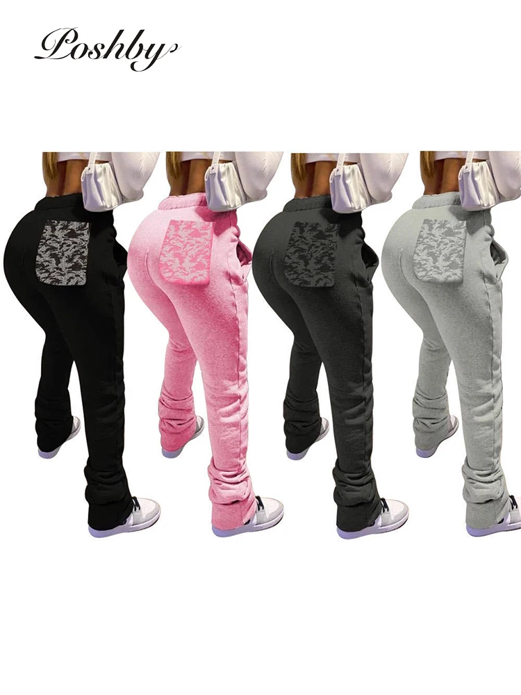 

Poshby Y2k Solid Color Camouflage Printed Stacked Sweatpants Jogger Women Pocket Sports Drawstring Leisure Pants Casual Trousers