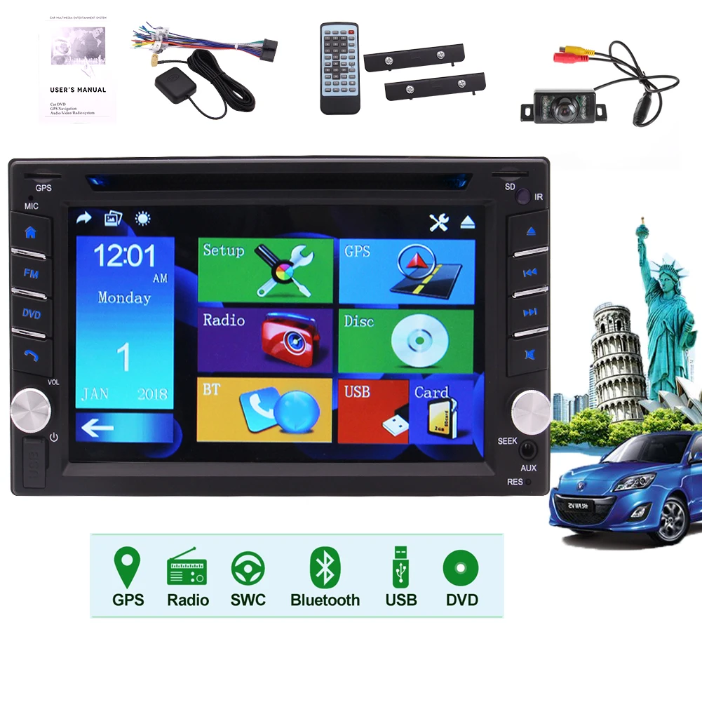 

2 din Car Radio GPS Multimedia Player Universal 6.2" audio Navigation Bluetooth Touch Screen CD DVD Player with Backup Camera