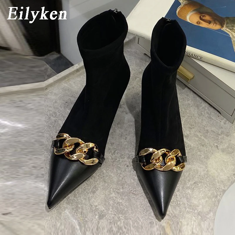 Eilyken/модные женские ботильоны с украшением в виде цепочки Туфли-лодочки на низком