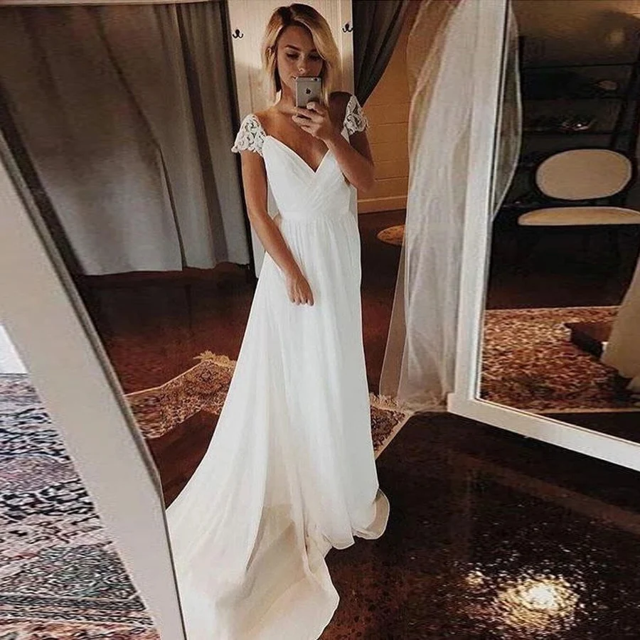 

Weilinsha простые трапециевидные шифоновые Свадебные платья Robe De Mariage с v-образным вырезом и длинным шлейфом, богемные пляжные свадебные платья