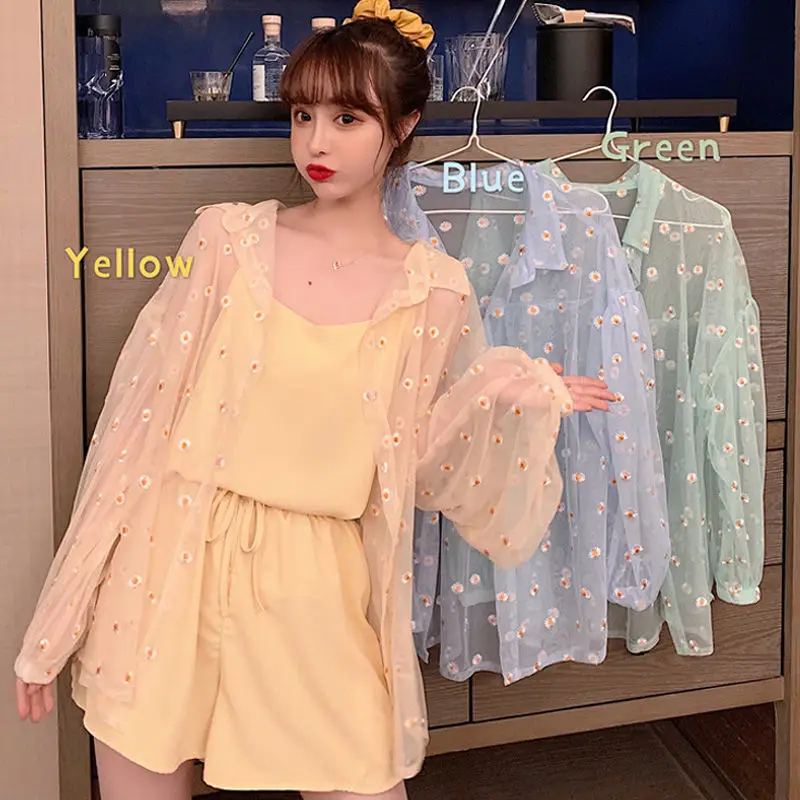 

Women Sets Chic Purple Korean Sweet Summer Sun-proof Teens 2 Piece Set Floral Long Sleeve Blouse Chic High Waisted Womens Shorts