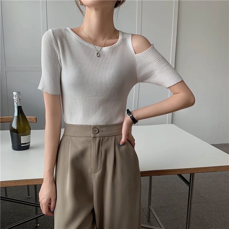 

CMAZ Harajuku Women Causal T-shirt Summer Knitted Black Tees Woman Short Sleeve Off shoulder Slim Sexy Tops Female Clothes 933#