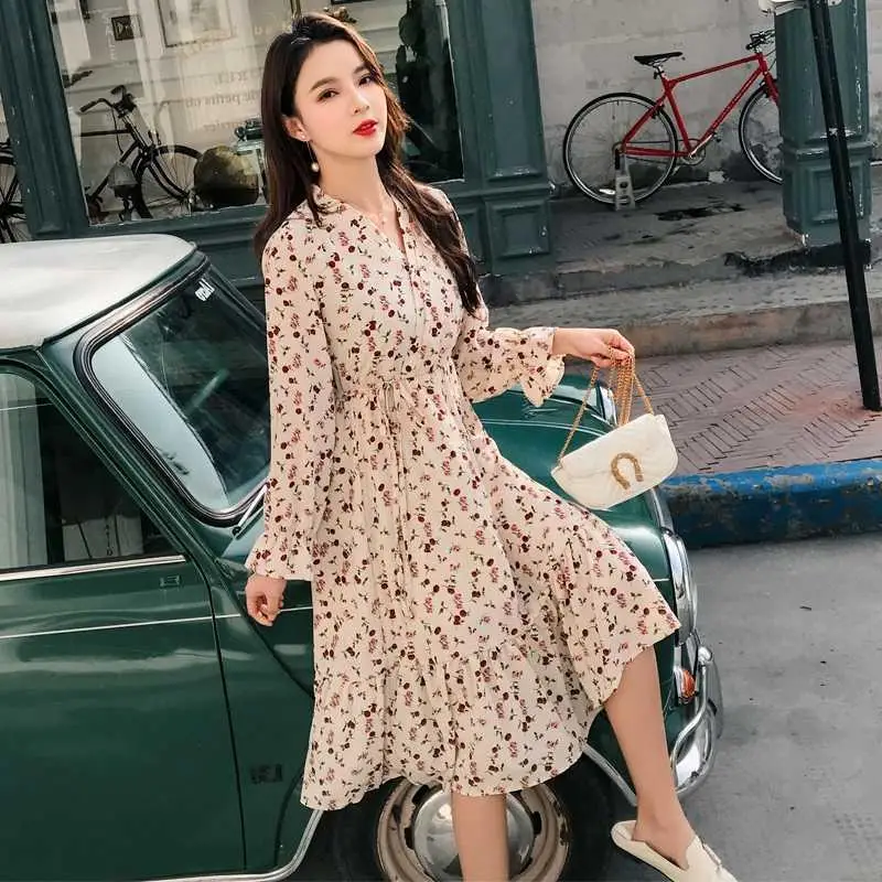 Винтажное шифоновое платье с v-образным вырезом и цветочным принтом женское