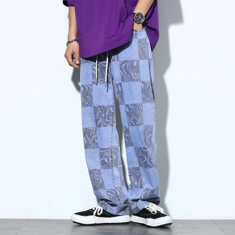 Men's Jeans 2021 Spring Autumn Plaid Full Printed Straight-Leg Jeans Male Ins Street Hip-Hop Loose Wide-Leg Denim Trousers S-5XL