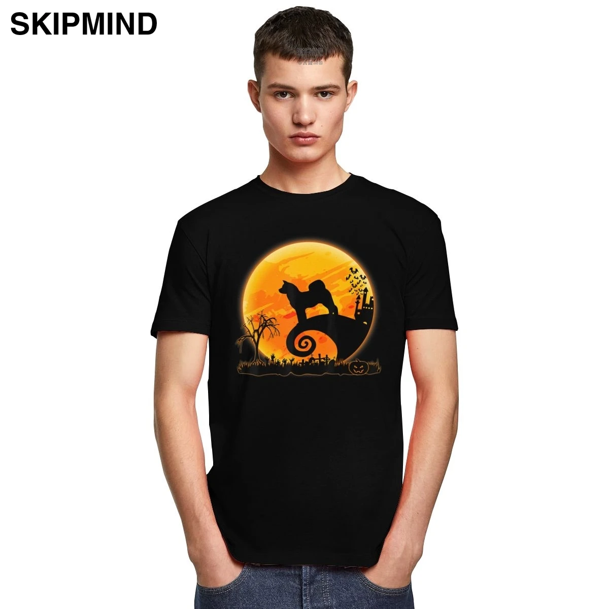 Модная футболка Akita Inu And Moon Мужская из мягкого хлопка для отдыха с коротким