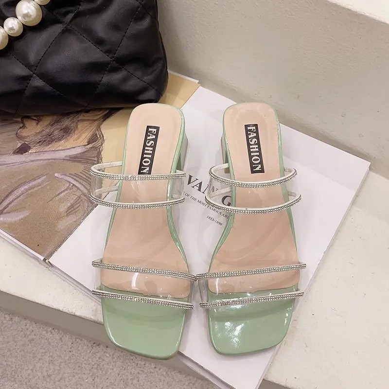 

Transparent Slippers Low Rubber Flip Flops Shoes Woman 2021 Pantofle Glitter Slides Square heel Heeled Mules Fashion Hawaiian Ne