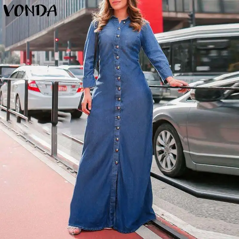 

Denim Shirt Dress Women Casual Solid Color Button Up Dress 2021 VONDA Vintage Lapel Collar Long Sleeve Long Maxi Vestido Robe