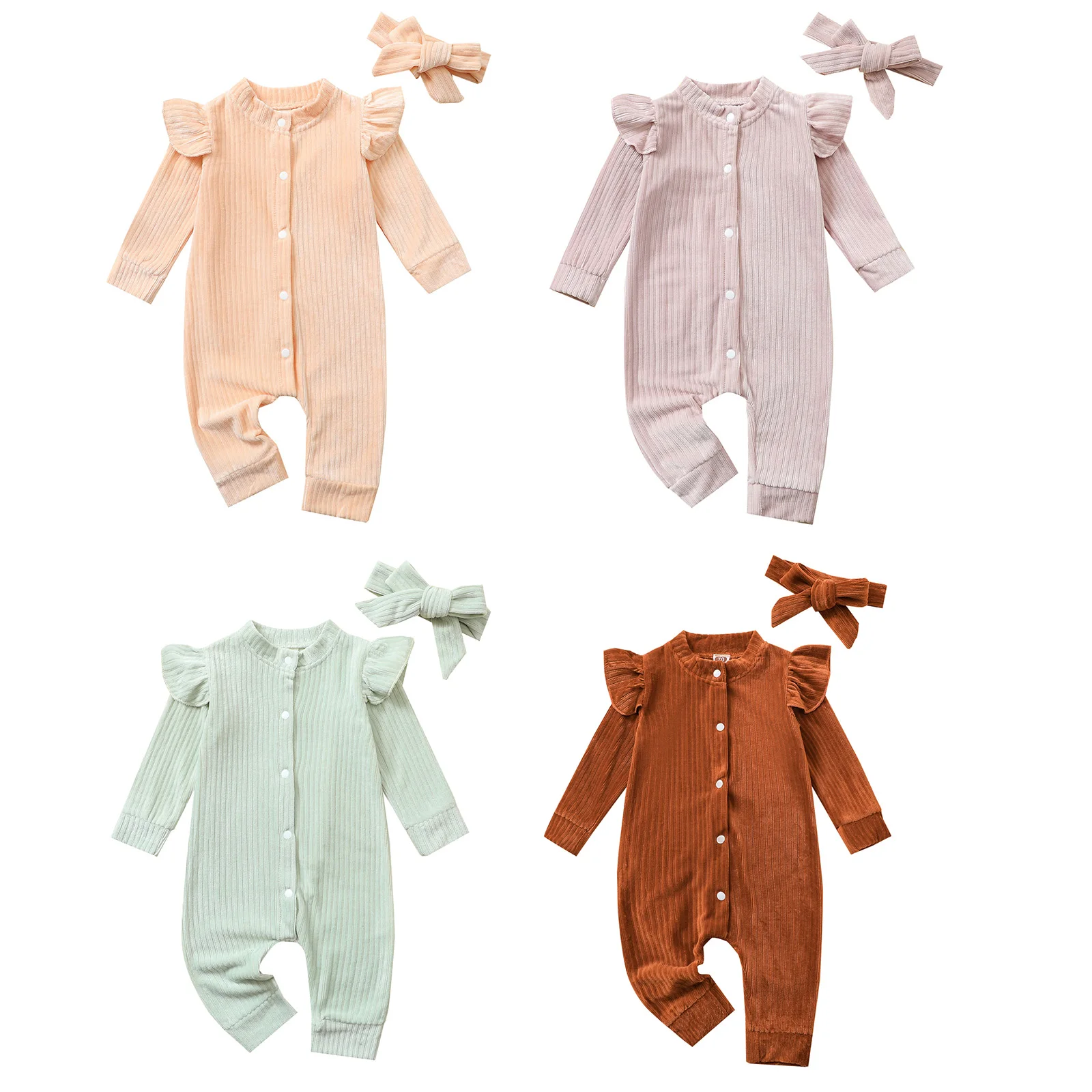 

Baby Girls Spring Autumn Casual Clothes Set Solid Color Long Sleeve Button-down Velvet Romper and Headdress 2 Pcs