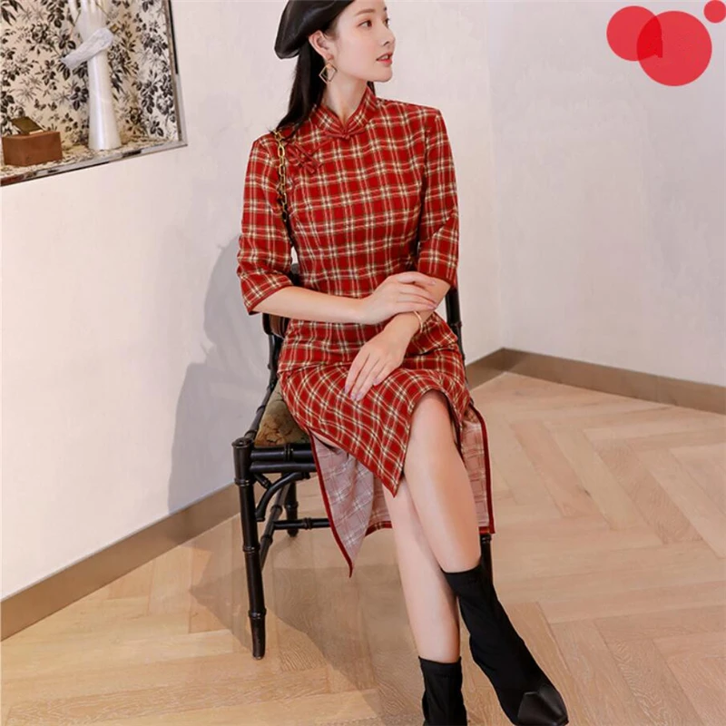 Осень китайский cheongsam qipao женское сексуальное платье с разрезом Женская традиционная одежда винтажная клетчатая qipao красный синий 3XL
