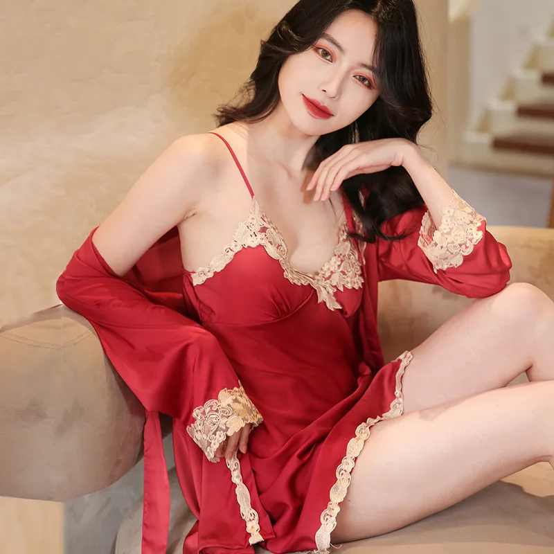 

Lace Trim Wedding Robe Set Women Satin Nighty&Bathrobe Set Sexy V-neck 2PCS Sleepwear Female Kimono Bath Gown Casual Home Wear