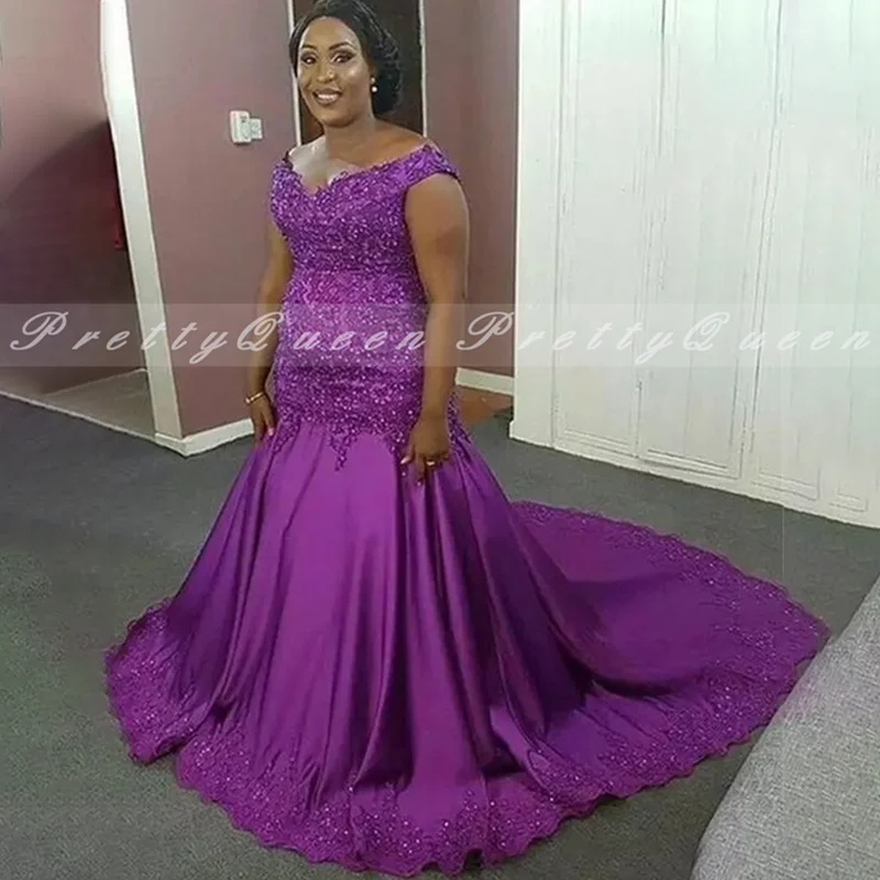 

Bling Beads Mermaid Evening Dresses With Appliques 2020 Purple Satin Long Chapel Train Off Shoulder Prom Dress Party Vestidos