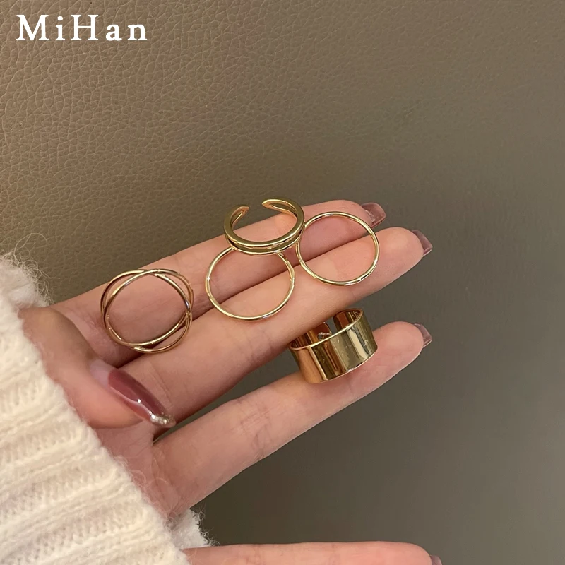 

Mihan Modern Jewelry 5 pcs Simply Metal Ring Popular Design Golden Silvery Plating Geometric Round Women Rings For Party Gifts