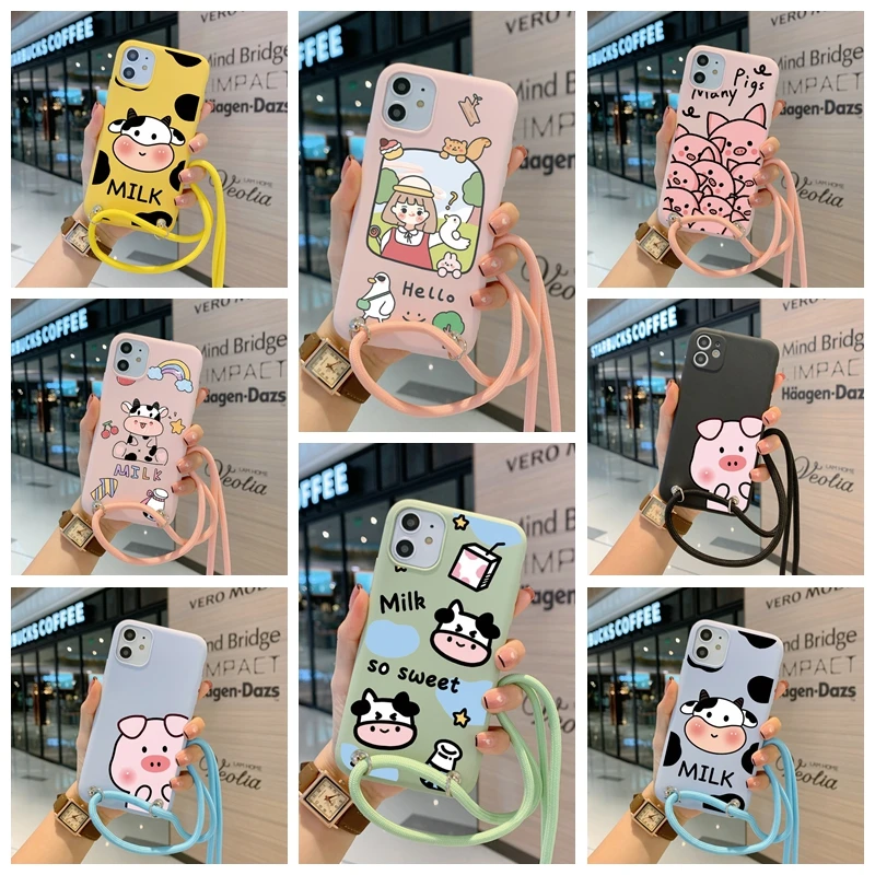 

For Iphone 12 Pro чехол для Funda With Free Lanyard Silicone Soft Matte Cartoon Personality Girl Carcasas Love Shape Case Cover