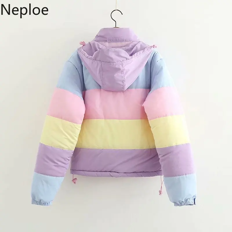 Neploe Kawaii японский Conrast цвет пальто с радужным принтом женские зимние толстые короткие патч Abrigos Mujer Invierno Свободная куртка 46192