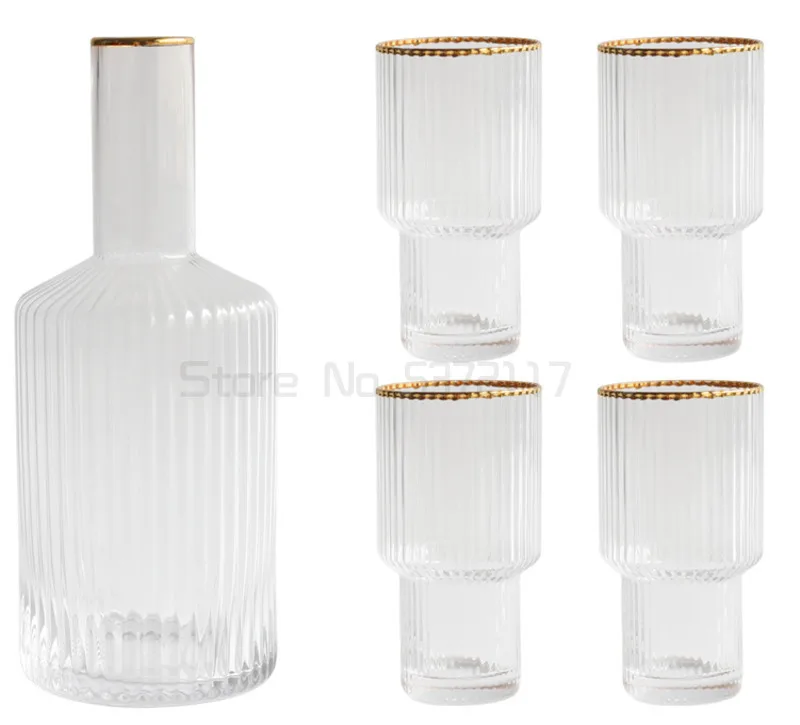 

New ins Nordic Phnom Penh Vertical Striped Cold Water Bottle Set Household Glass Wineware Water Set One Pot Four Cups