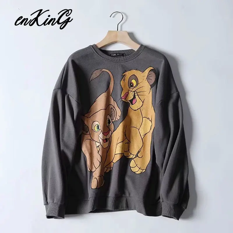 Black Pink Cartoon Lion King Print Women Hoodie Long Sleeve O Neck Ladies Za Sweatshirt Casual Womens Hoodies Pullover - Цвет: TWO LION