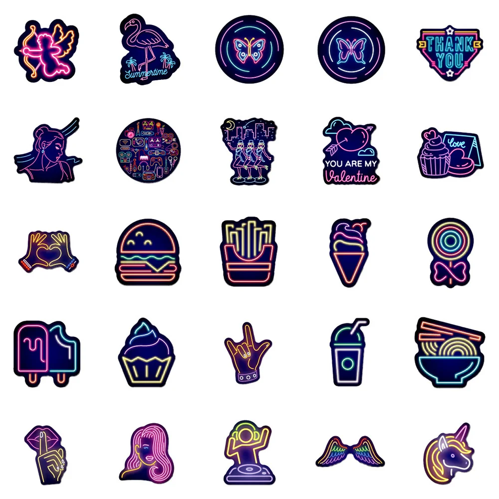 Pegatinas de grafiti impermeables de ne&oacute;n para guitarra, Maleta de dibujos animados creativa con personalidad, decoraci&oacute;n impermeable, 10/30/50 Uds., venta al por mayor-3