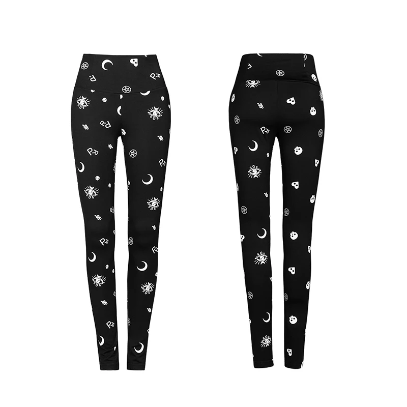 PUNK RAVE Women's Gothic Daily Dark Night Elves Moon Comic Printed Fitted Leggings Fashion Personality Womens Leggings