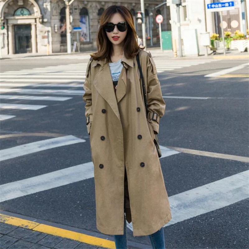 Windbreaker women's trench coats mid-length korean style temperament waist slim double-breasted solid color spring autumn jacket