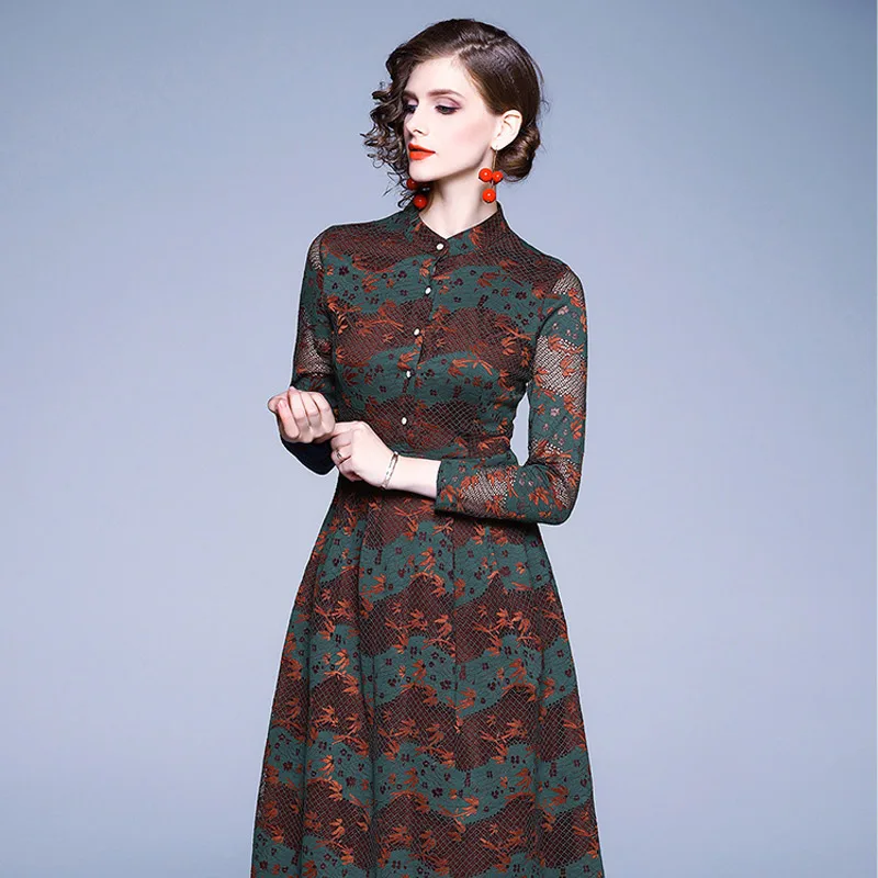 Осеннее женское платье Новое Кружевное с длинным рукавом тонкое размера плюс