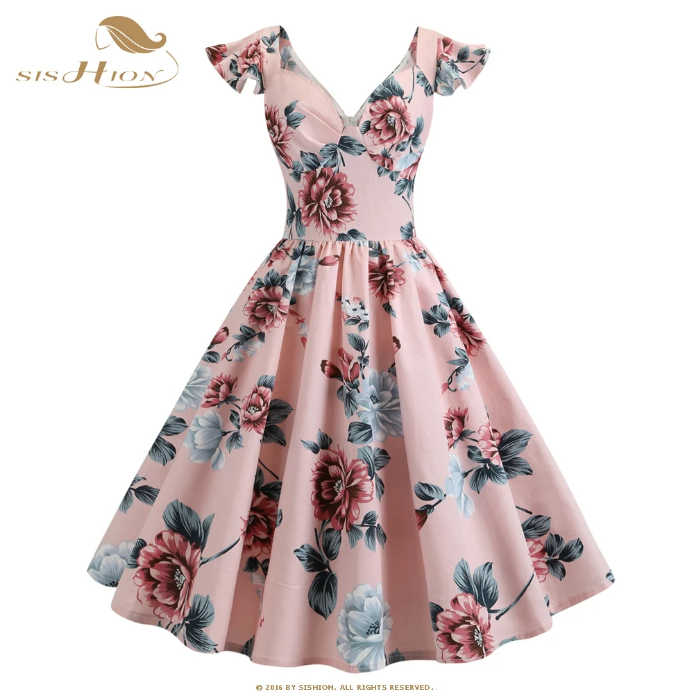 

Женское платье с коротким рукавом SISHION, летнее платье с цветочным принтом VD1432, высокая талия, 50s, 60s, Ретро стиль, рокабилли, винтажное платье, ...