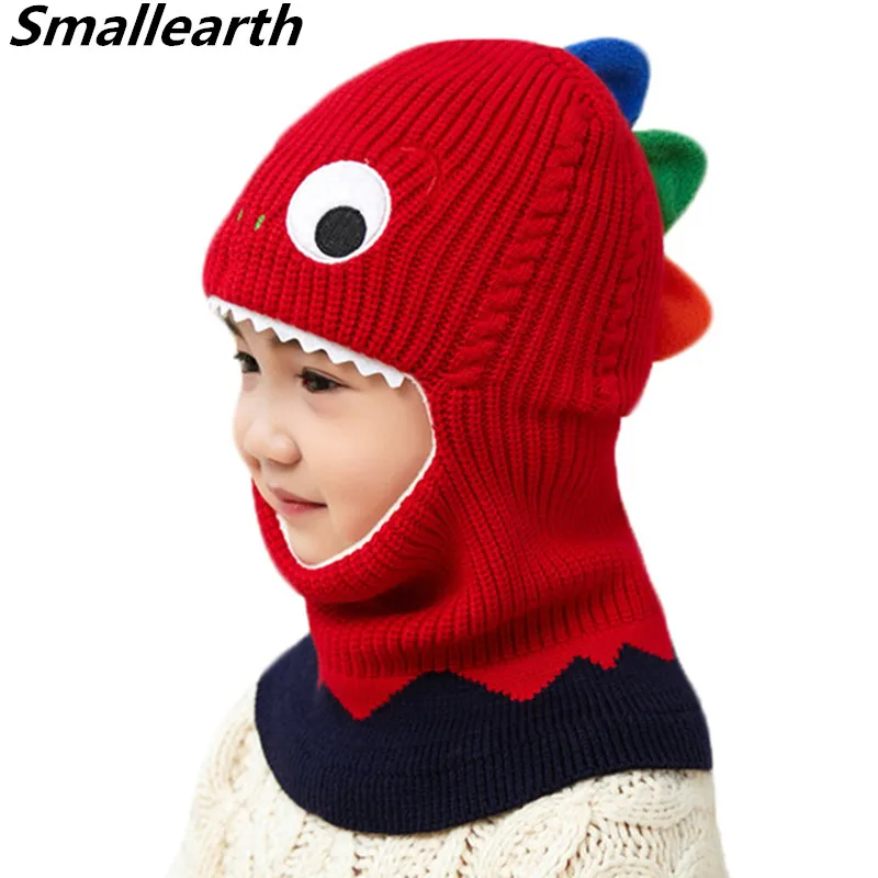 

New Autumn Winter Dinosaur Children Plus Velvet Knitted Hooded Hat Set Baby Crochet Beanies Hat Boy Girl Thick Warm Caps Scarves