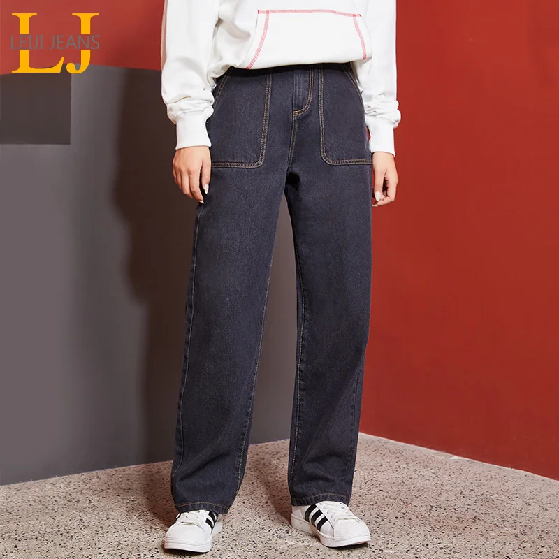 LEIJIJEANS 2019 большие размеры женские свободные джинсы черные повседневные прямые