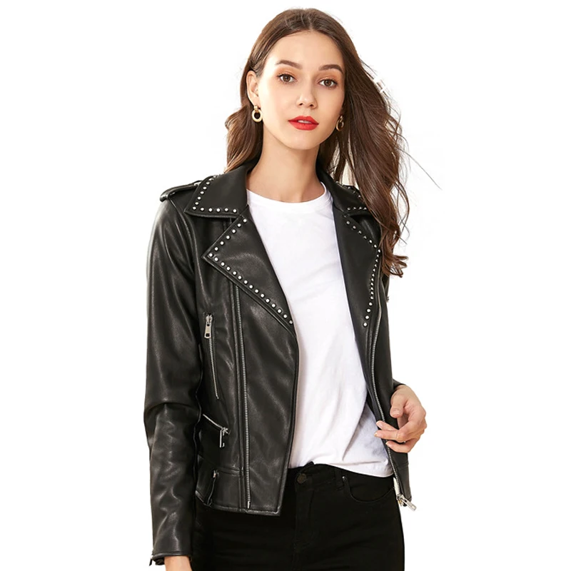 GOPLUS Женская Байкерская байкерская куртка на молнии с заклепками размера плюс