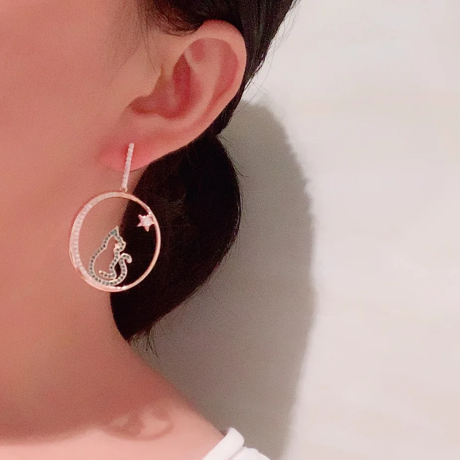 

Circle cat earrings female asymmetric sweet super fairy personality exaggerated temperament stars and moon earrings