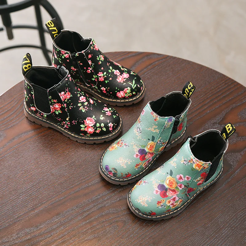 

Autumn Winter Children Flower Martin Boots PU Leather Waterproof Winter Kids Snow Boots Girls Princess Shoes Rubber Shoes