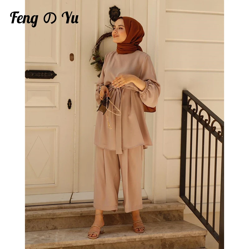 

2021 Spring and Autumn Ladies Elegant Fashion Suit Solid Color Loose Wide Leg Pants + Round Neck Top Arab Dubai Casual Suit