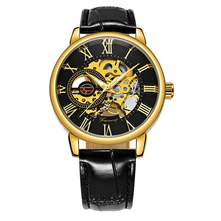 GOLD BLACK FORSINING новые мужские модные часы, мужские механические часы с синим скелетом, мужские часы от ведущего бренда, Роскошные наручные часы с кожаным ремешком - Цвет: GOLD BLACK
