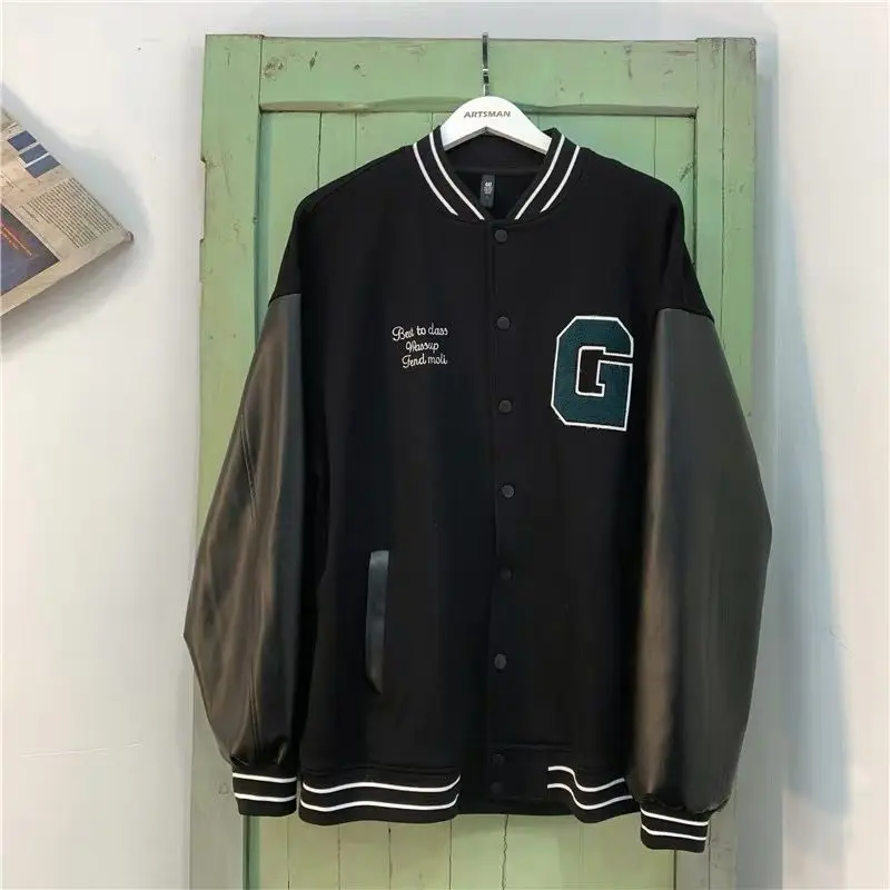 

Baseball uniform jacket men and women Hong Kong style retro fried street stitching jacket loose Korean motorcycle uniform bf