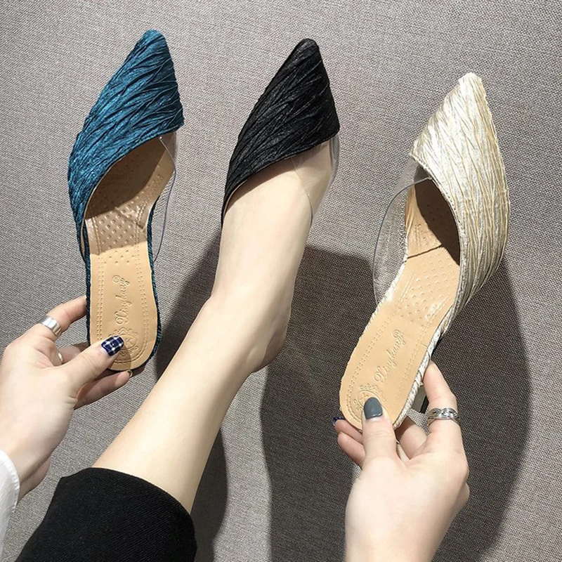

Pumps Shoes Flock Women Sandals Pleated Fashion Slippers Summer New Korean Heels Pointed Toe Half Drag Women's Stiletto Slides
