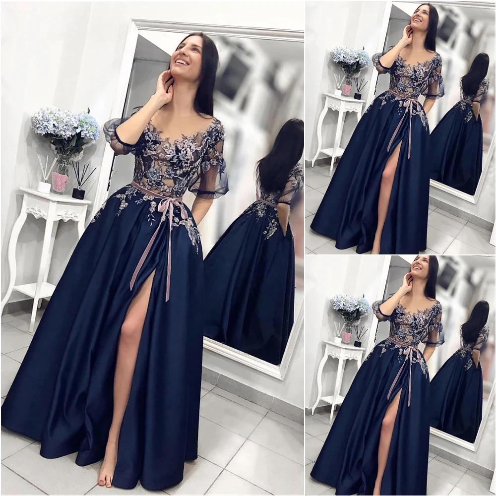 Illusion Formal Dresses Applique Prom Party Gown Thigh-High Slits Evening Dress A Line O-Neck With Half Sleeve Satin