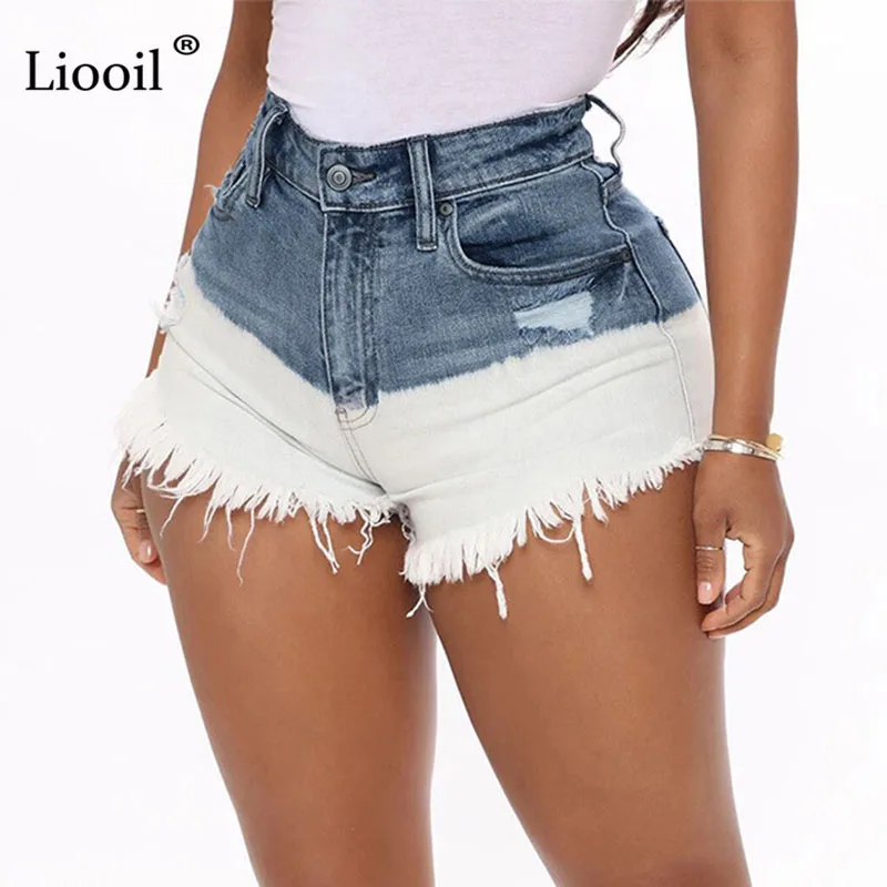 

Liooil Patchwork Hole High Waisted Ripped Short Jeans with Tassel Women 2021 Button Zipper Pockets Washed Distressed Sexy Shorts