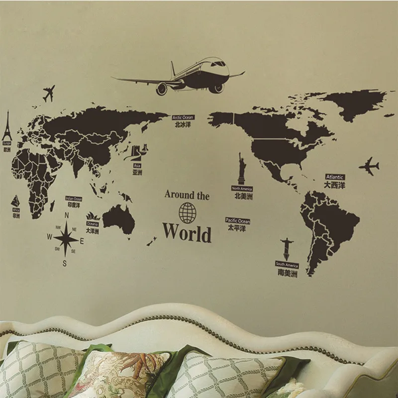 Большие размеры карта мира черные настенные наклейки домашний декор для детской