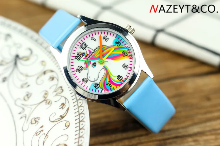 Девушка мультфильм иглы часы Детские простые мультфильм Единорог кожаный ремень кварцевые часы
