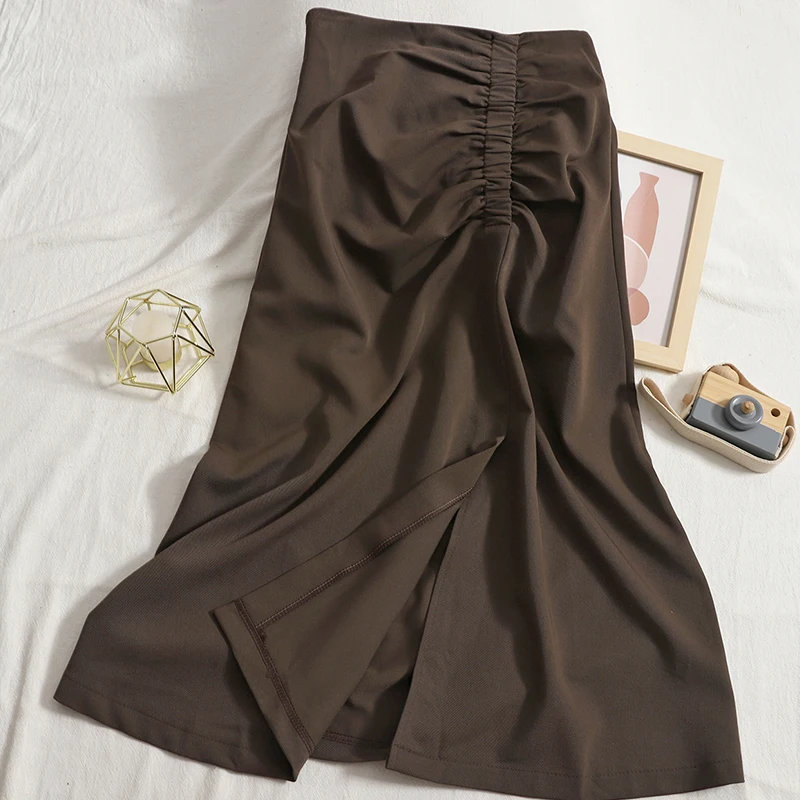 

High waist pleated midi A-line skirt female 2021 autumn temperament split skirts Korean solid color hip Shirring skirt lady