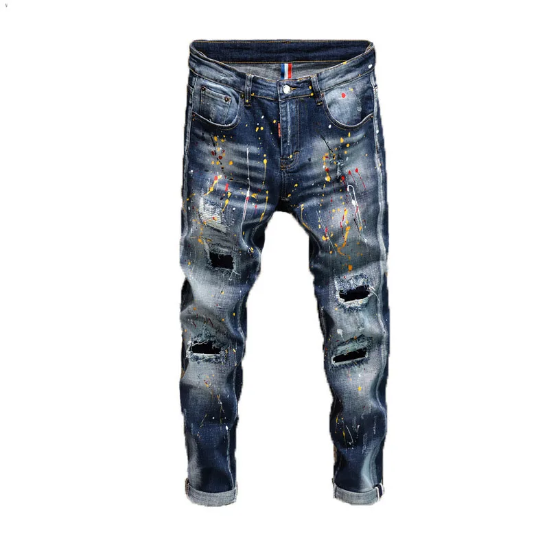 

New 2021 Men Hi Street Ripped Jeans Graffiti Printed Streetwear Denim Trousers For Male Washed Streetwear