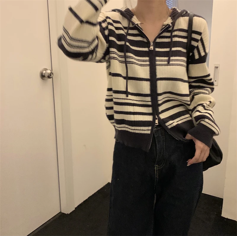 

Striped hooded cardigan sweater women