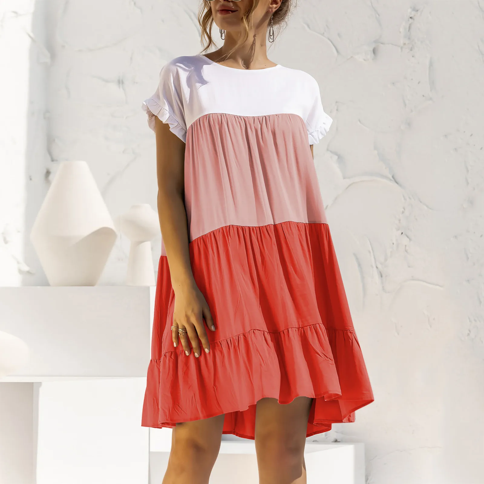 

Женское летнее платье-рубашка с круглым вырезом и коротким рукавом, плиссированное мини-платье с оборками