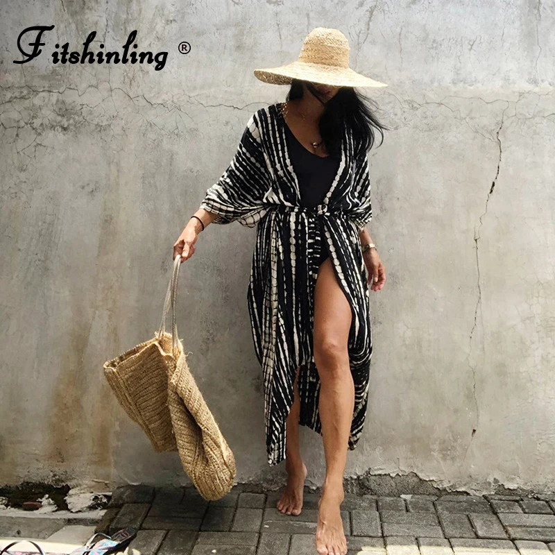 

Fitshinling Summer Vintage Kimono Swimwear Halo Dyeing Beach Cover Up With Sashes Oversized Long Cardigan Holiday Sexy Covers