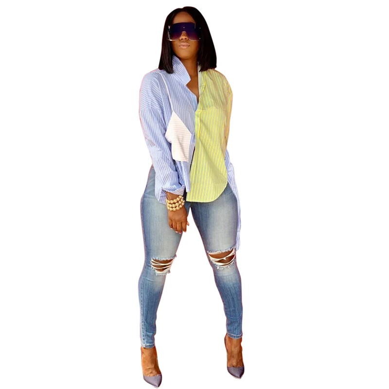 

Color Patchwork Blouse Shirts Women Tops 2021 Turn-down Collar Long Sleeve Elegant Stripe Shirt Korean Fashion Casual Blue Shirt