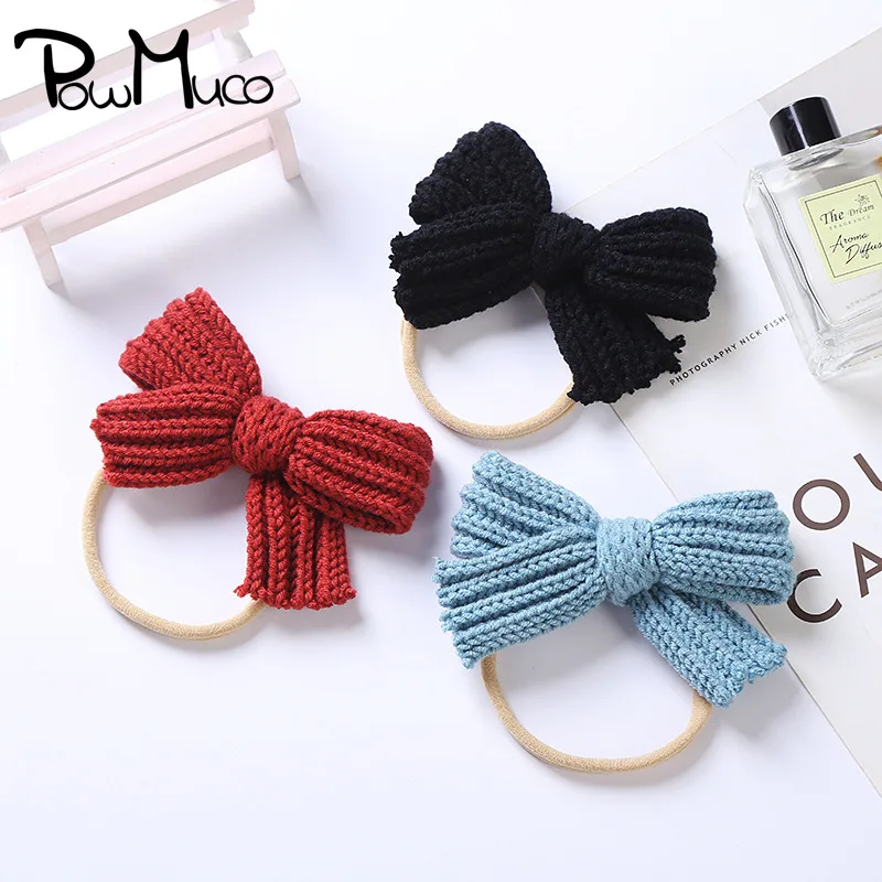 

Powmuco 1 PCS Fashion Knitting Wool Bows Hairband Toddler Solid Color Crochet Bowknot Nylon Headband Baby Headwear Birthday Gift