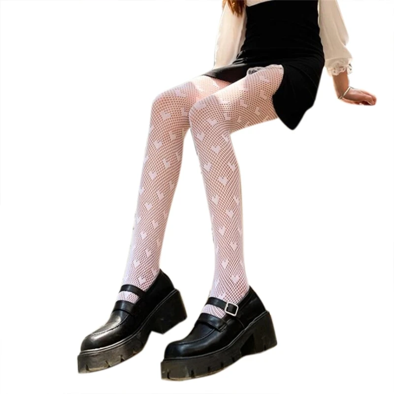 

E56F Women Sexy Lace Pantyhose Sweet Love Heart Pattern Jacquard Tights Gothic Punk Lolita Hollow Out Fishnet Mesh Stockings