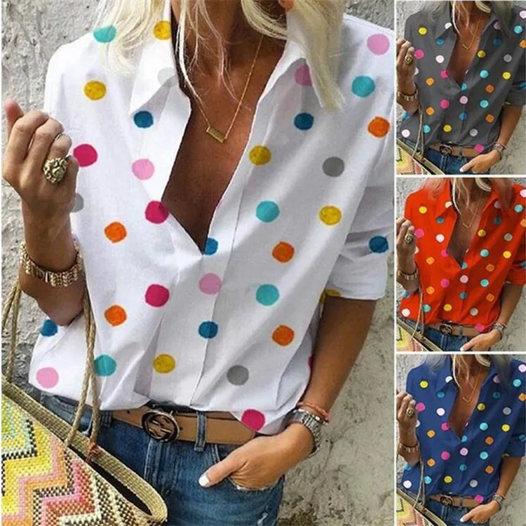 

Women Tops and Blouse Point Dot Printed Long Sleeve Sexy V Neck Fashion Women Shirts Clothing Casual Tops Plus Size Loose